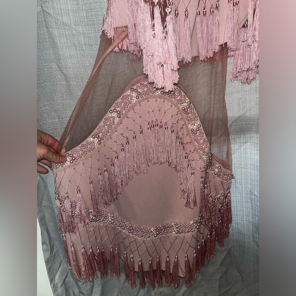 ✨NEW LUXURIOUS DESIGNER PINK PASTEL TASSEL FRINGE RHINESTONE MINI BIRTHDAY DRESS - Picture 3 of 10